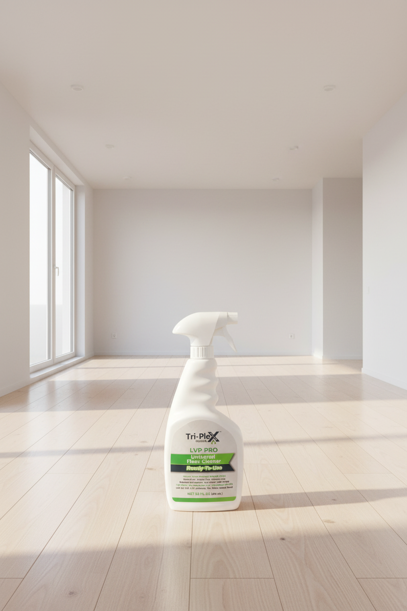 A 32 fl oz spray bottle of Tri-Plex Nova LVP Pro Universal Floor Cleaner, Ready-To-Use, shown against a dark gray background.